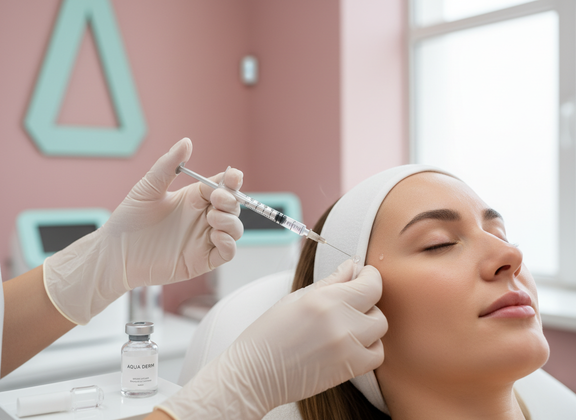 A practitioner gently performing an injectable hydration treatment on a relaxed female client's cheek in a clean, bright clinic