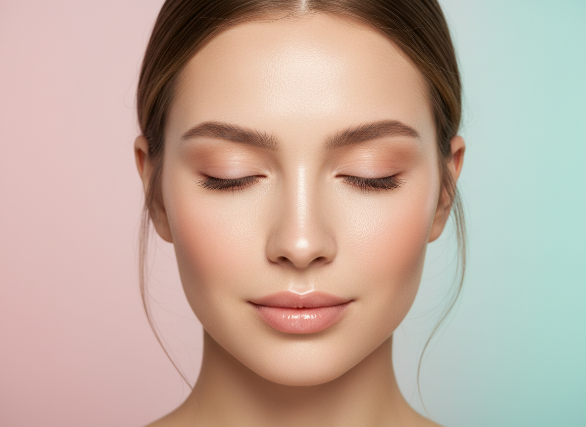 Luxurious close-up portrait of a woman with radiant, glowing, hydrated skin against a soft blush pink and pale turquoise backdrop